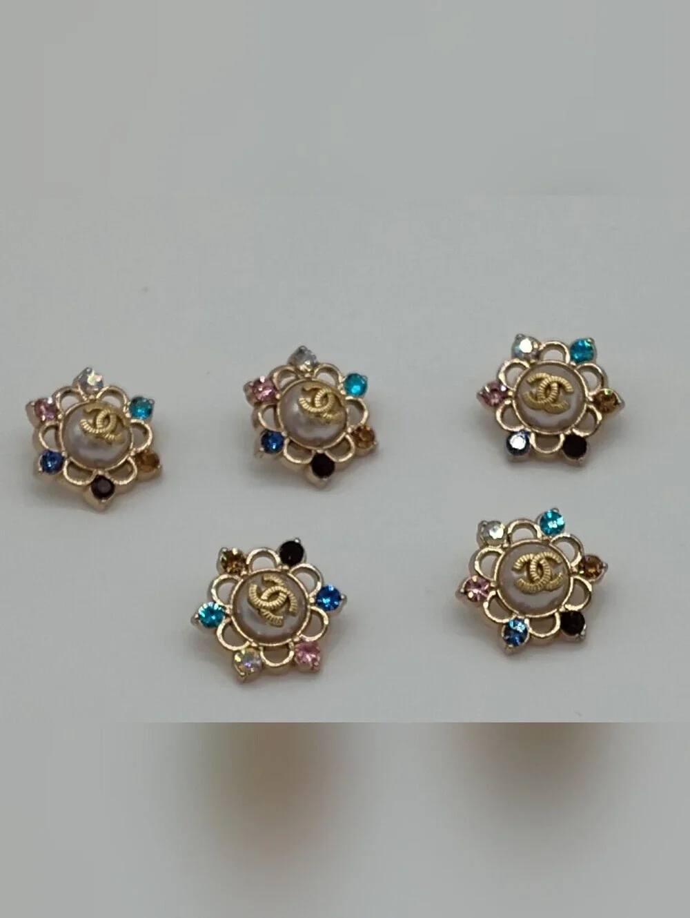 CHANEL Camellia CC Pearl Crystal Buttons Set of 5 Gold Tone Removed from Garment